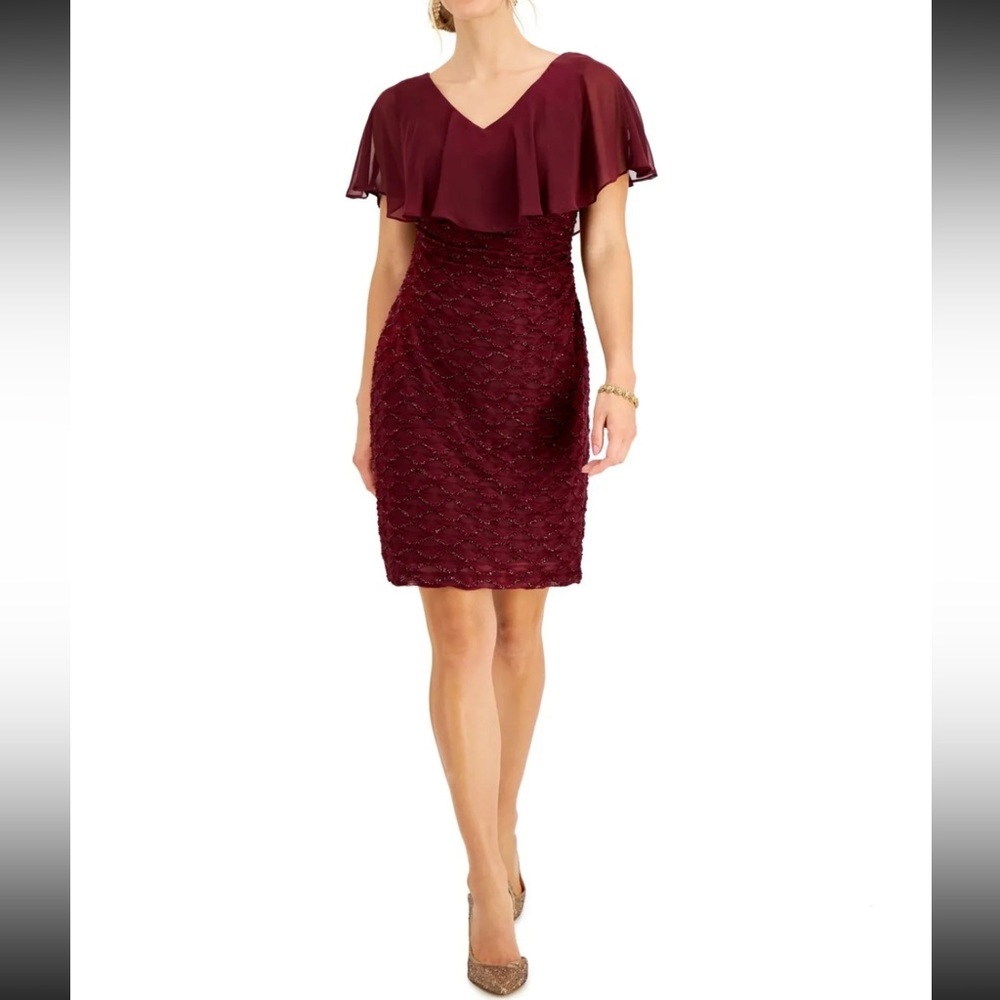 Women’s Formal Dress Size 12 CONNECTED APPAREL Burgundy Red Overlay Cape Gown